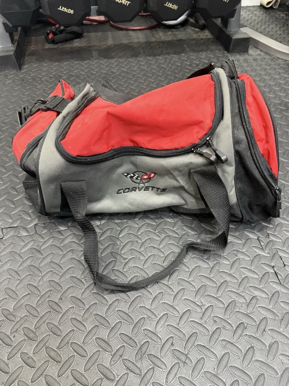 C5 Corvette Crossed Flags Embroidered Duffel Gym Travel Bag Red Gray 20” *